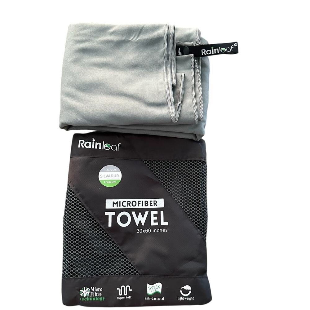 Rainleaf Microfiber Towel 30x60 Inches Gray Anti-Bacterial Lightweight - NWT - Picture 2 of 5